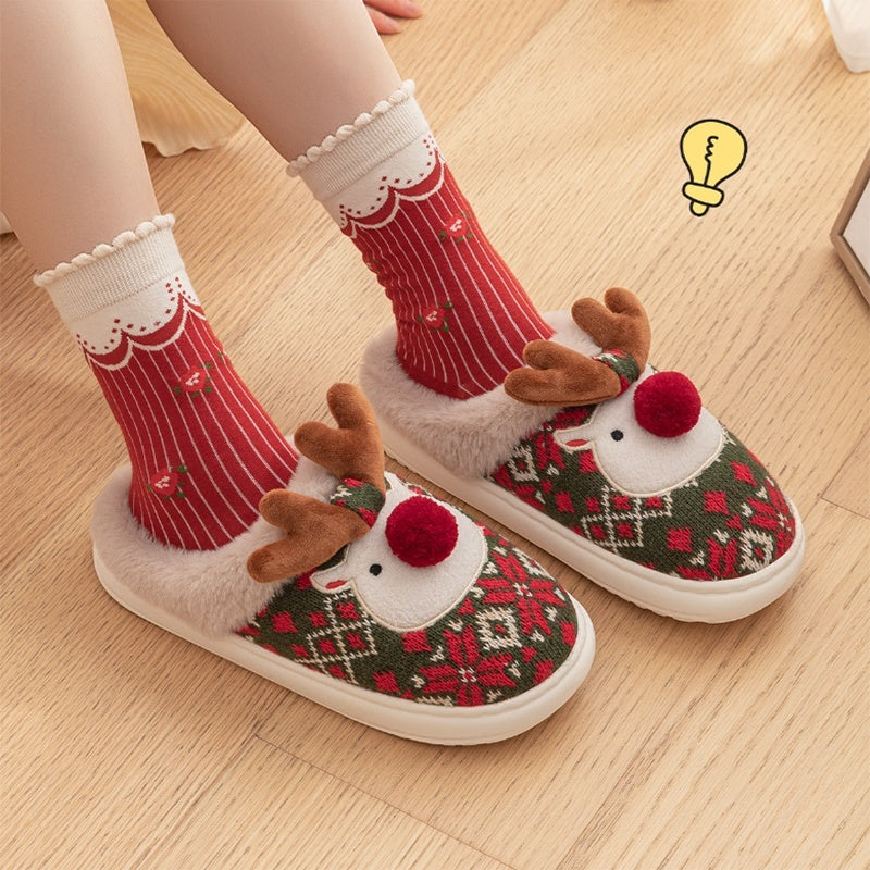Christmas Elk Plush Slippers - Cozy Non-Slip Winter House Shoes