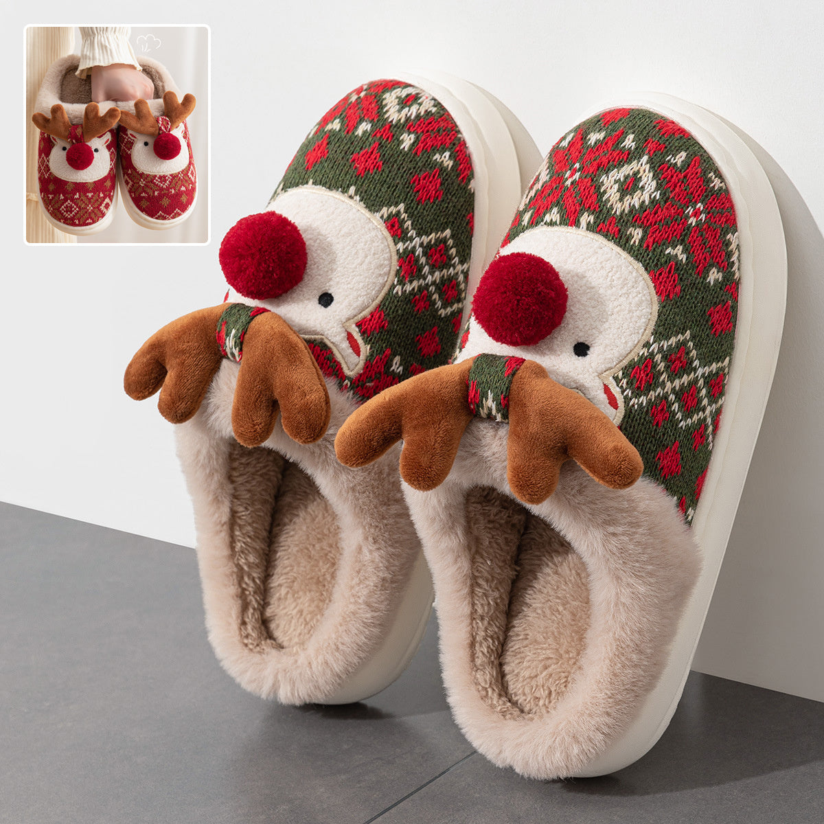 Christmas Elk Plush Slippers - Cozy Non-Slip Winter House Shoes