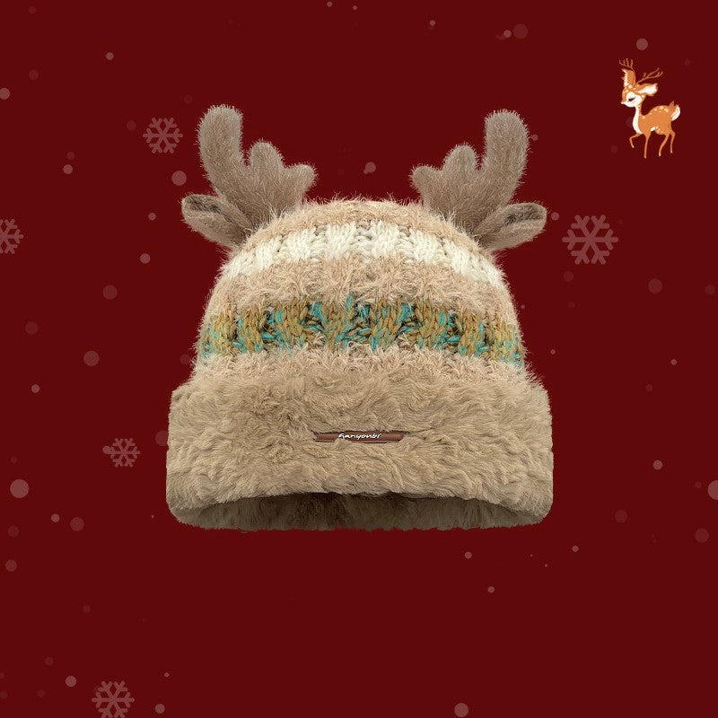 Christmas Knitted Winter Hat with Deer Antlers