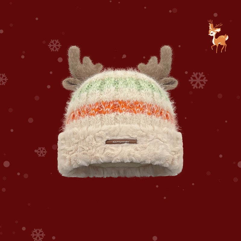 Christmas Knitted Winter Hat with Deer Antlers