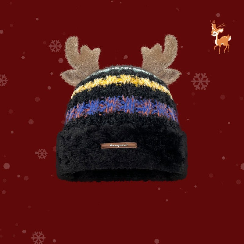 Christmas Knitted Winter Hat with Deer Antlers