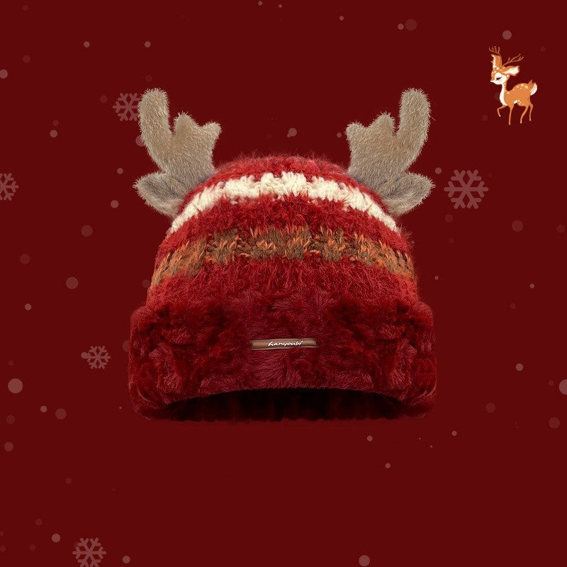 Christmas Knitted Winter Hat with Deer Antlers