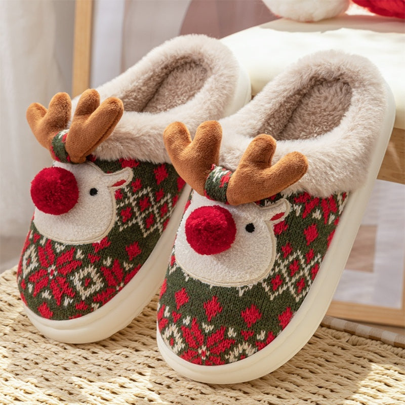 Christmas Elk Plush Slippers - Cozy Non-Slip Winter House Shoes