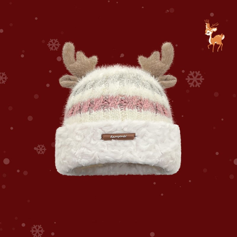 Christmas Knitted Winter Hat with Deer Antlers